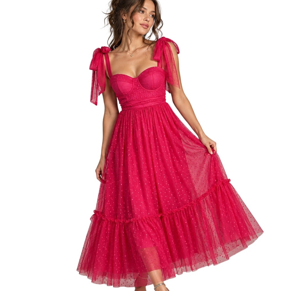 Hot Pink Swiss Dot Tulle Bustier Maxi Dress M Tie Strap Tiered Ruffle Coquette